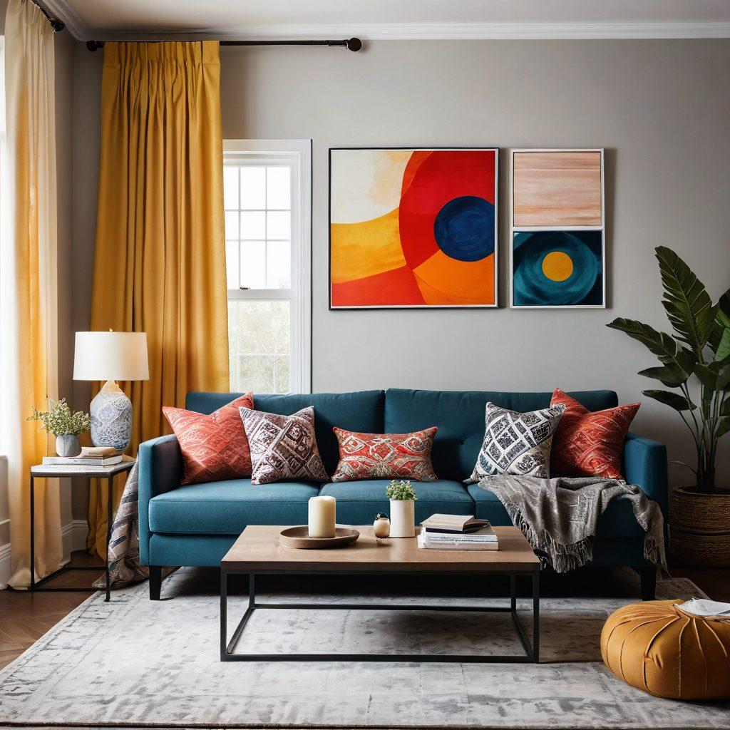 A cozy yet modern living room featuring contemporary textile designs, showcasing an array of innovative fabrics like plush cushions and elegant drapes in bold patterns and soft color palettes. Include a stylish sofa, a chic coffee table adorned with books, and an artistic wall hanging that embodies stylish comfort. Ambient lighting casts a warm glow, inviting relaxation and inspiration. super-realistic. vibrant colors. minimalistic background.