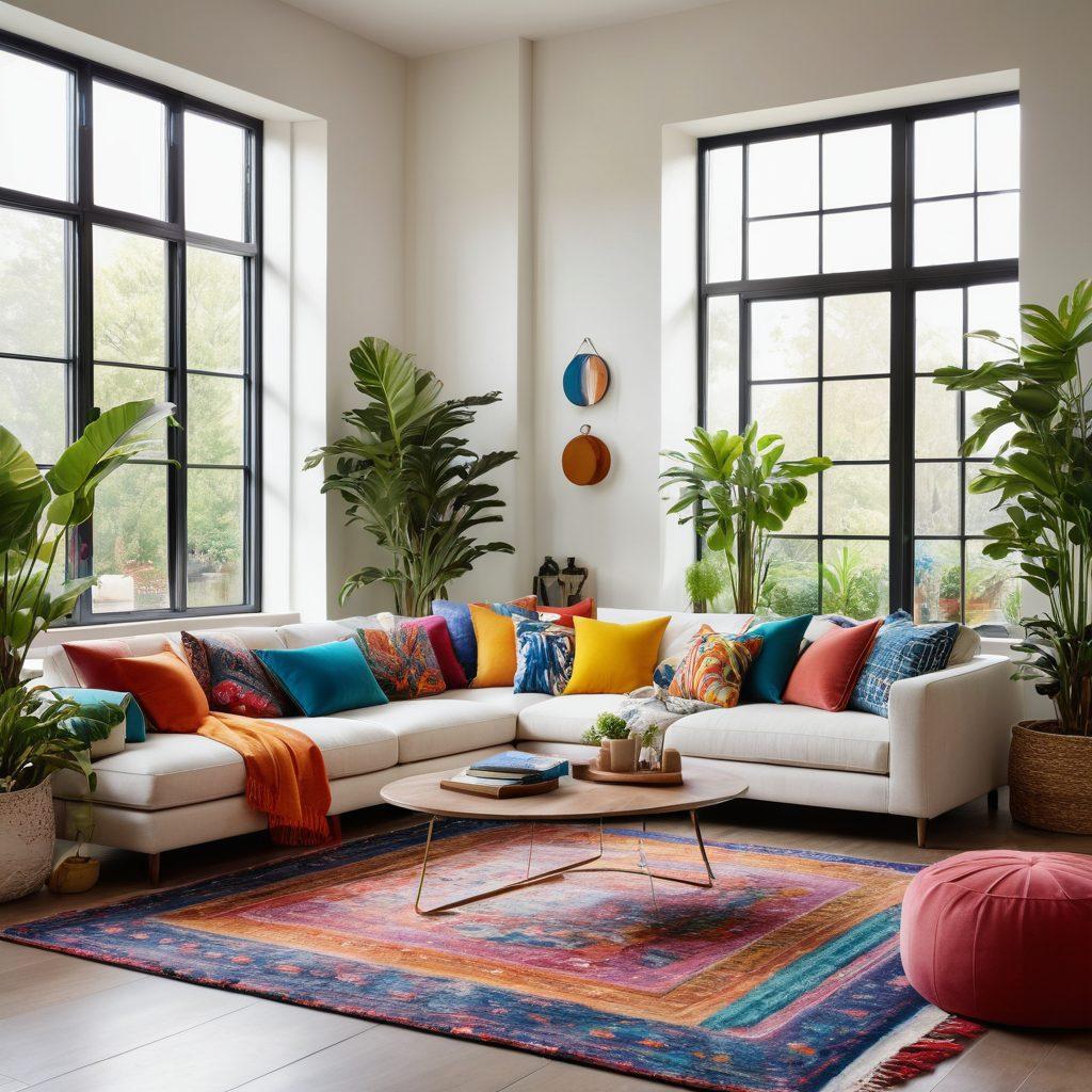 A modern living room showcasing contemporary design trends with stylish textiles. Include a minimalist sofa adorned with colorful cushions, a chic area rug, and a statement coffee table surrounded by vibrant houseplants and artistic decor. Soft natural light streaming through large windows enhances the inviting atmosphere. super-realistic. vibrant colors. soft lighting.