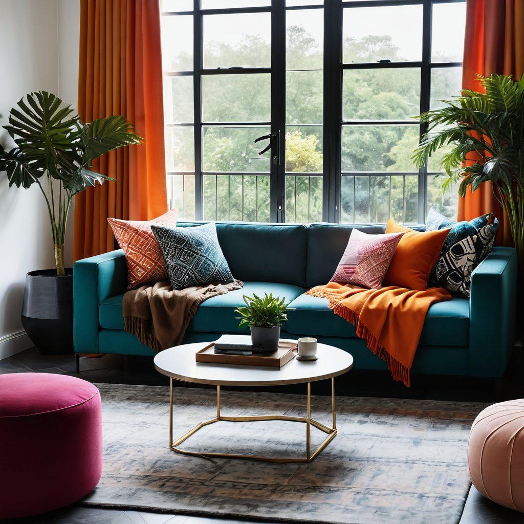 A stylish living room scene showcasing modern textiles including geometric patterned cushions and a luxurious throw blanket over a sleek sofa. The room is adorned with elegant furnishings like a minimalist coffee table and vibrant indoor plants. Natural light spills through large windows, illuminating the rich textures and colors of the decor. The overall atmosphere is chic and inviting, embodying contemporary elegance. bright colors. super-realistic.